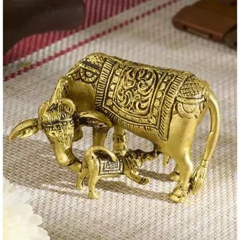 Brass Kamadhenu Kamdhenu Cow with Calf Idol, Small 2 Murti, Vastu Decor for Wealth, Health, Peace & Happiness Detailing & Light Weight