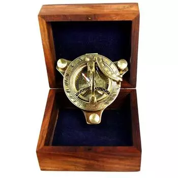 Brass Sundial compass with wooden box nautical gift Compass (Gold, Brown)