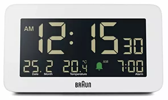 Braun Цифровой будильник с отображением даты, месяца и температуры, негативный ЖК-дисплей, быстрая настройка, звуковой сигнал Crescendo белого цвета, модель BC10W.