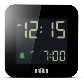 Braun Digital Travel Alarm Clock with Snooze Compact Size Negative LCD Display Quick Set Crescent Beep Alarm Black Model BC08B