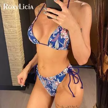 Бразильский бикини с цветочным принтом в горошек, женский купальник, комплект из двух частей, купальный костюм, купальник S синий