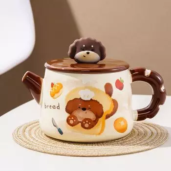 Bread Puppy Ceramic Mug with Lid Spoon Girl Drinking Water In Office with High Looking Coffee Cup Birthday Gift 301-400ml