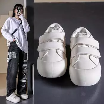 Bread shoes 2024 spring and autumn new women s shoes versatile Korean version thick sole heightening Velcro sports leisure soft baseplate shoes 35 бежевый