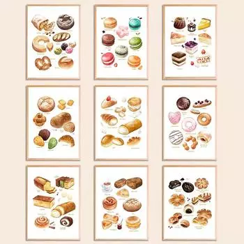 Breakfast Food Posters and Prints Cake Bread Puff Tea Dessert Wall Art HD Pictures Canvas Painting for Coffee Shop Bakery Decor 21x30cm No Framed