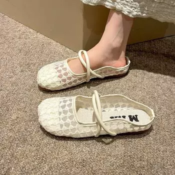 Breathable bag head slippers women s 2025 summer new Korean version casual hollow flat shoes wear round head cool slippers women 35 хаки