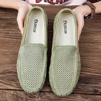 Breathable Casual Leather Mens Shoes Slip on Summer Loafers Hot Sale Driving Shoes Ultra-light Male Moccasins Leisure Walk Flats 38 чёрный