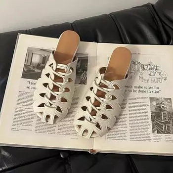 Breathable fashion girls bag head slippers summer retro design hollow sandals with skirt slope heel cool slippers 35