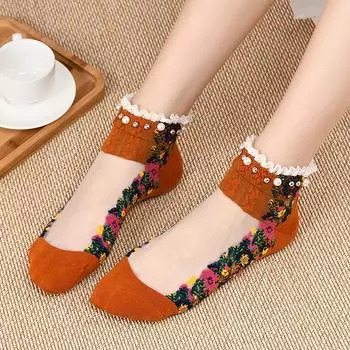 Breathable Fashion Women Mesh Spring Summer Embroidery Flowers Socks Boat Socks Short Socks Hosiery зелёный