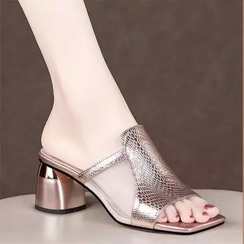 Breathable High Thick Heel Square Toe One Line Cool Slippers Sandals For Women In Summer 34-42 34 шампанского