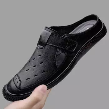 Breathable Hollow Casual Shoes Men Loafers Genuine Leather Italian Summer Half Shoes Men Slip On Soft Water Shoes Luxury Brand 37 чёрный