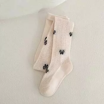 Breathable Lace Mesh Girls Sweet Tights Elastic Leggings Bowknot Accents Soft Cotton Fabric for Spring Daily Comfort S бежевый