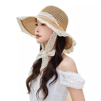 Breathable Lace Tied Sun Hat Large Brim Beach Hat Sweet UV Protection Cap Female