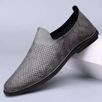 Breathable Loafers Men Genuine Leather Casual Shoes Handmade Driving Flats Slip-on Shoes Comfy Moccasins Male Hollow Out Flats 37 чёрный