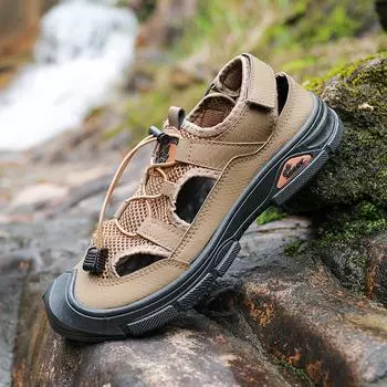 Дышащие мужские сандалии с сеткой на летней подошве, новые мужские пляжные туфли, повседневные уличные туфли Baotou, модные плоские туфли для рыбалки, мужские сандалии 39 коричневый