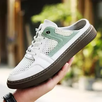 Breathable Mens Muller Shoes Genuine Leather Man Casual Flat Lace-Up Men Slippers Youth Teenage Hollow Out Half Drag Walk Shoes 37 чёрный