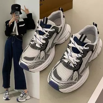 Breathable mesh dad shoes women s 2024 new fashionable retro inner heightening platform white shoes sports mesh shoes 35 серебряный