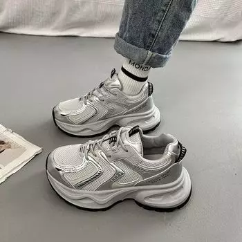 Breathable mesh dad shoes women s 2024 autumn new thick-soled heightening fashion casual shoes versatile and lightweight sports shoes 35 бежевый