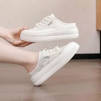 Breathable mesh slippers women s summer 2024 new thin Internet celebrity fashion heelless sandals bag head half slippers 35 чёрный