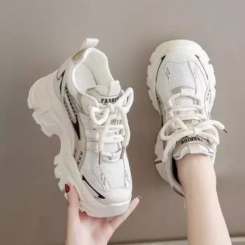 Женские кроссовки из дышащей сетки 2025 года на шнуровке, на толстой платформе, вулканизированные туфли, женские, нескользящие, на толстой подошве, спортивная обувь для женщин 35 бежевый