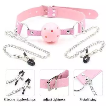Дышащий розовый кожаный бондажный кляп-шар для рта с регулируемой металлической цепочкой и зажимами для сосков - Высшее удовольствие для взрослых женщин