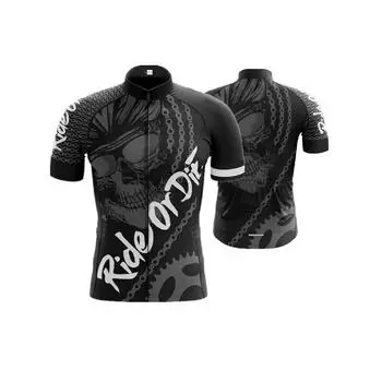 Breathable Polyester Cycling Jersey for Men - RIDE OR DIE Skull & Gear Design, Short Sleeve, Zip-Up, Stand Collar with Pocket Cycling Accessories S