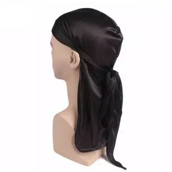 Breathable Satin Unisex Bandana Hat Silky Durag Do Doo Du Rag Long Headwrap Tail Black