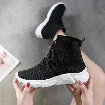 Breathable socks shoes women s 2024 spring new Korean version versatile black high-top thick-soled fly-woven sports and leisure shoes tide 35 чёрный