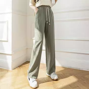 Breathable Thin Linen High Waist Drawstring Casual Loose Pants Army Green 2XL