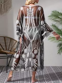 Breezy Beauty, женская пляжная накидка в стиле бохо-шик — прозрачное сетчатое кимоно с вышивкой, завязывающейся талией, V-образным вырезом, короткими рукавами — идеально для лета One-size