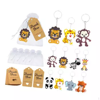 Брелки с изображением животных джунглей с белыми сетчатыми сумками и бирками из крафт-бумаги с благодарностью, портативный кошелек-подвеска для ребенка