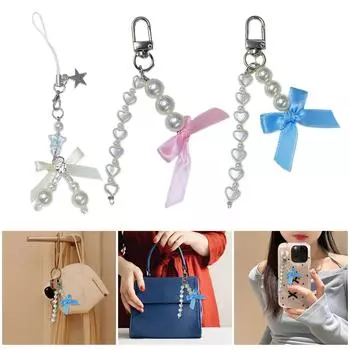 Брелки с подвесками в виде банта из жемчуга и бусин, милые, милые, подвесные украшения, брелок для рюкзака, украшение для женщин и девочек светло-розовый