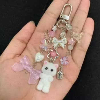 Брелок-бабочка в виде кошки, бусины, брелок для автомобиля, персидская кошка, кулон, подарок на день рождения белый