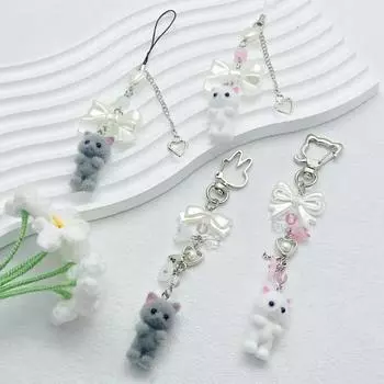 Брелок для ключей Furry Kitten Handmade Y2k Women Fashion Acrylic Animal Plush Bulb Keychain Bag Cushion Gift Keychain Accessories