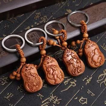 Брелок для ключей из дерева, мужской брелок с изображением знака зодиака, брелок из дерева персикового цвета для мужчин rabbit