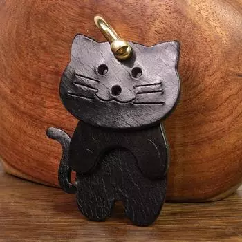 Брелок для ключей из натуральной кожи ручной работы в виде кошки - милый дизайн животного, прочный брелок из коровьей кожи для сумки, кошелька, подарка чёрный