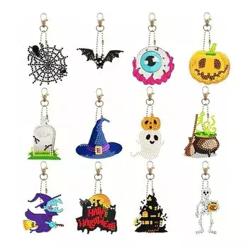 брелок для ключей с алмазным рисунком, 12 предметов, украшения на тему Хэллоуина, набор для алмазной росписи, брелок для ключей, подставка под стакан, подвеска, товары для рукоделия, декоративные блестящие подвески