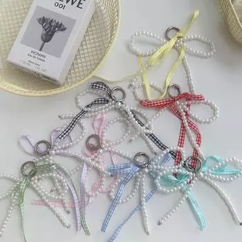 Брелок для ключей с бисером и лентой в клетку в виде сердца Y2k, подвеска для сумки Ins Fashion Pearl Bow Key Ring School pink-plaid