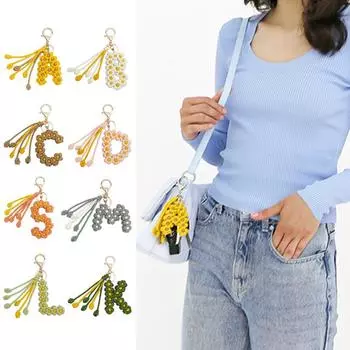 Брелок для ключей с буквами ABCDKLMS, брелок для ключей на День благодарения, ремесленные рисовые уши, кулон с тканым цветком, брелок с буквами