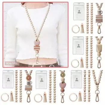 Брелок для ключей с держателем удостоверения личности, цветной шнурок с деревянными бусинами, замшевая бахрома, водонепроницаемая сумка, держатель для карт, поворотный крючок, держатель для бейджа E