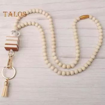 Брелок для ключей с держателем удостоверения личности, цветной шнурок с деревянными бусинами, замшевая бахрома, водонепроницаемая сумка, держатель для карт, поворотный крючок, держатель для бейджа A