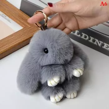 Брелок для ключей с кроликом, кольцо, пушистый натуральный мех, помпон, кролик, брелок для ключей серый