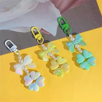 Брелок для ключей с лентой из бисера и четырехлистным клевером, подвеска на сумку, симпатичный жемчужный брелок для автомобиля, аксессуары карамельного цвета зелёный