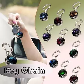Брелок для ключей с подвеской в виде сумки с 12 знаками зодиака, светящийся в темноте, с драгоценными камнями, двухсторонний стеклянный шар One Size