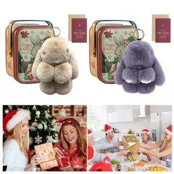 Брелок для ключей в виде кролика, рождественский пушистый кролик, помпон, брелок ручной работы из искусственного меха, украшение в виде кролика для ключей, сумок, кошельков фиолетовый