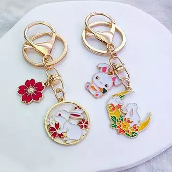 Брелок для ключей в виде кролика в китайском стиле, металлический брелок для ключей в виде цветка вишни, автомобильный брелок в виде кролика yellow moon