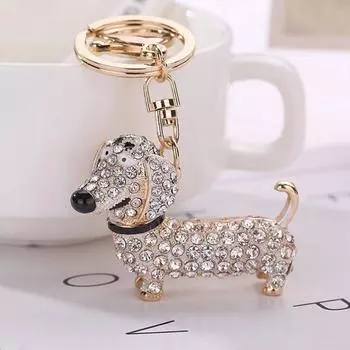Брелок для ключей в виде собаки-колбаски таксы, брелок для сумки с подвесками, блестящий кристалл белый