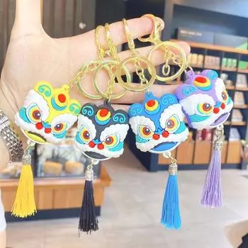 Брелок для пары, брелки для ключей, кукла-лев, брелок для ключей с головкой танца льва, брелок с кисточками в китайском стиле