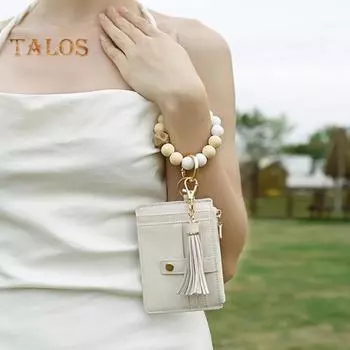 Брелок на запястье с блокировкой RFID и 6 отделениями для карт, браслет с кисточками и бусинами, брелок из искусственной кожи C