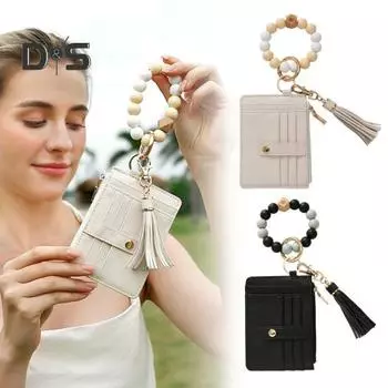 Брелок на запястье с блокировкой RFID и 6 отделениями для карт, браслет с кисточками и бусинами, брелок из искусственной кожи C