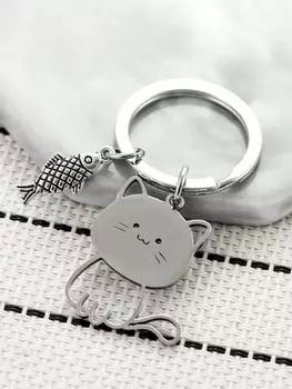 Брелок-подвеска из нержавеющей стали с изображением кошки, едящей рыбу, милый брелок-подвеска с изображением мультяшной кошки для пары One Size серебряный